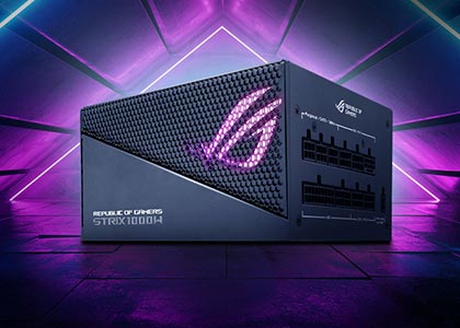 ROG STRIX series PSU in 45 degree angle with concrete floor and pink background