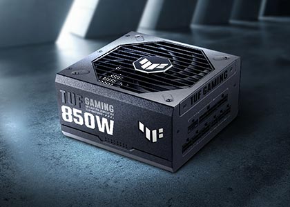 TUF GAMING Series PSU showing the fan with a concrete setting in the background