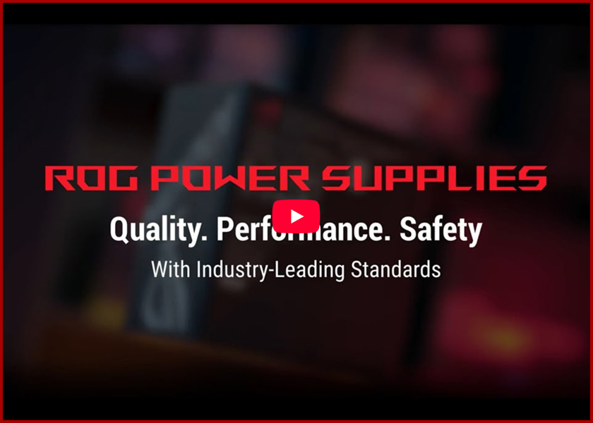 Alimentatore ASUS su sfondo sfocato, con testo in primo piano che comunica qualità, prestazioni e sicurezza dell'alimentatore ROG