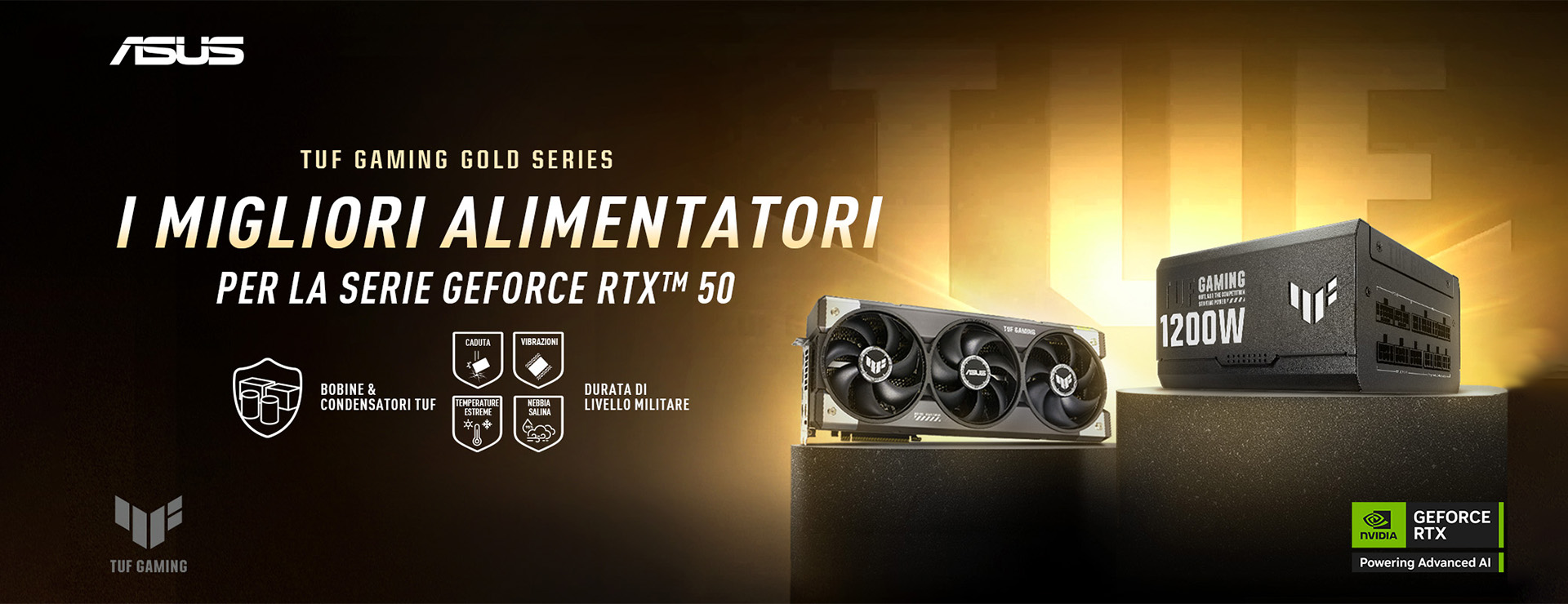 Scheda grafica e PSU TUF Gaming su piedistalli con sfondo oro