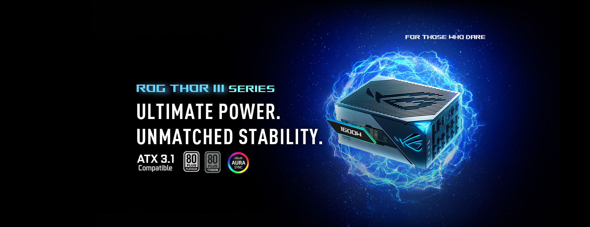 Stylized image of ROG Thor 1600W Titanium III, appearing to float while surrounded by energy