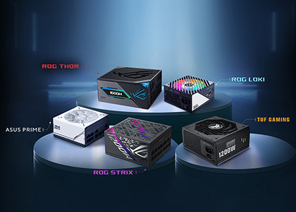 ROG THOR III, ROG LOKI, ROG STRIX Platinum, TUF GAMING, PRIME SERIES PSU groepsfoto op podia