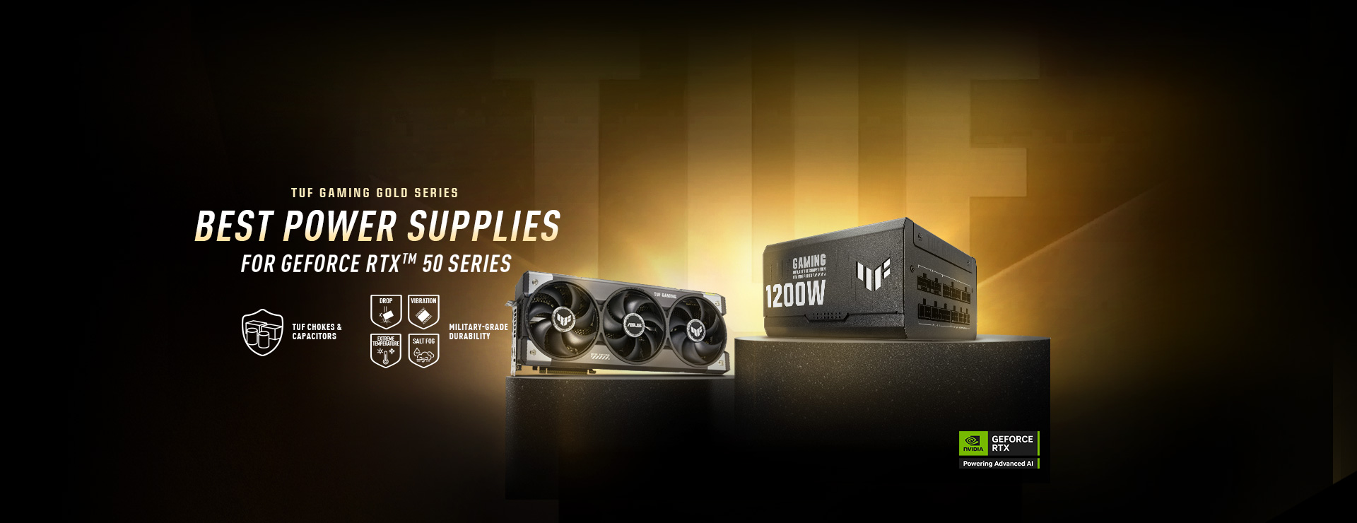 TUF Gaming graphics card and PSU on pedestals with gold background