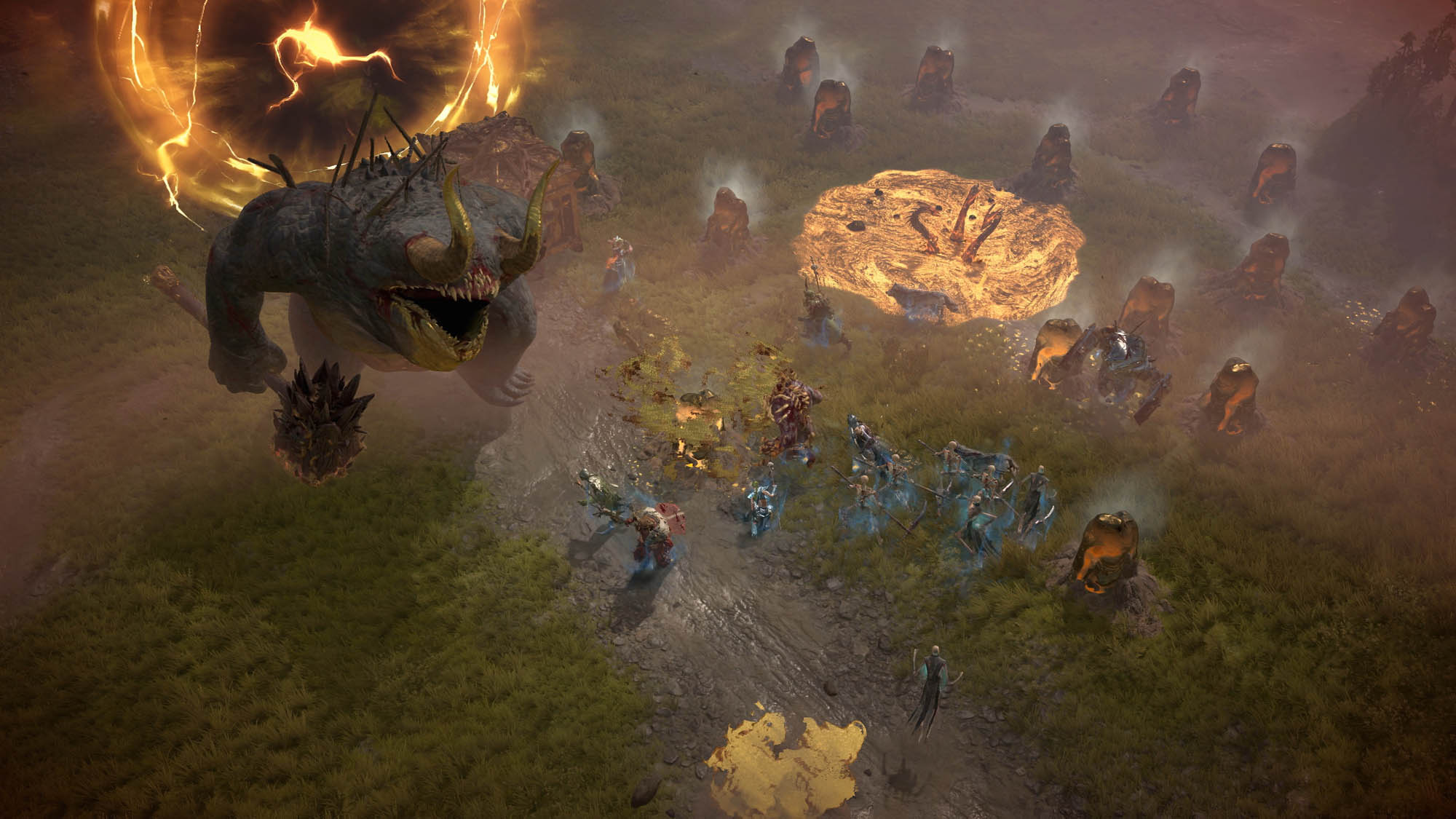 A party of adventurers fighting a monster in the middle of a dirt road.